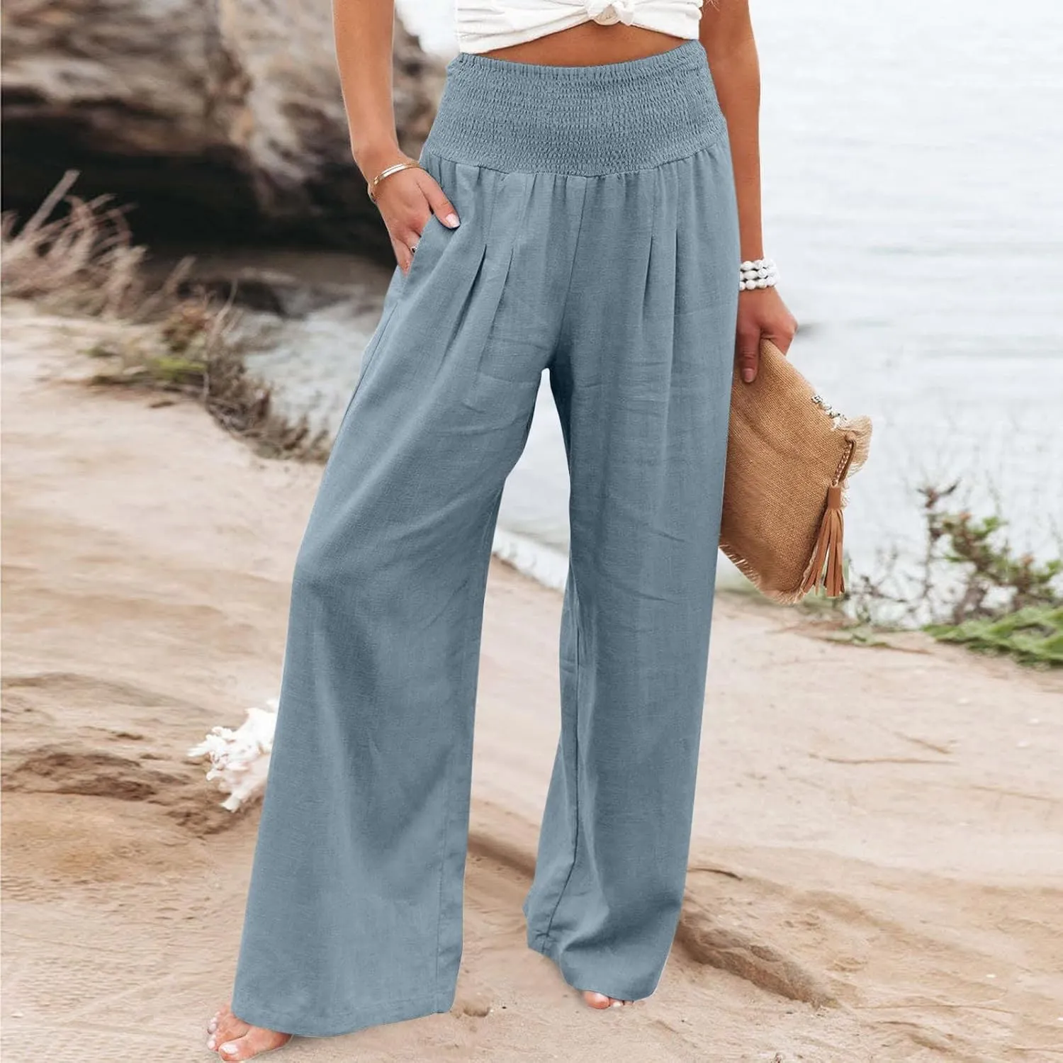Women's Summer Casual High Waist Stretchy Wide-Leg Trousers with Pockets Cotton Linen Loose Fit Palazzo Pants