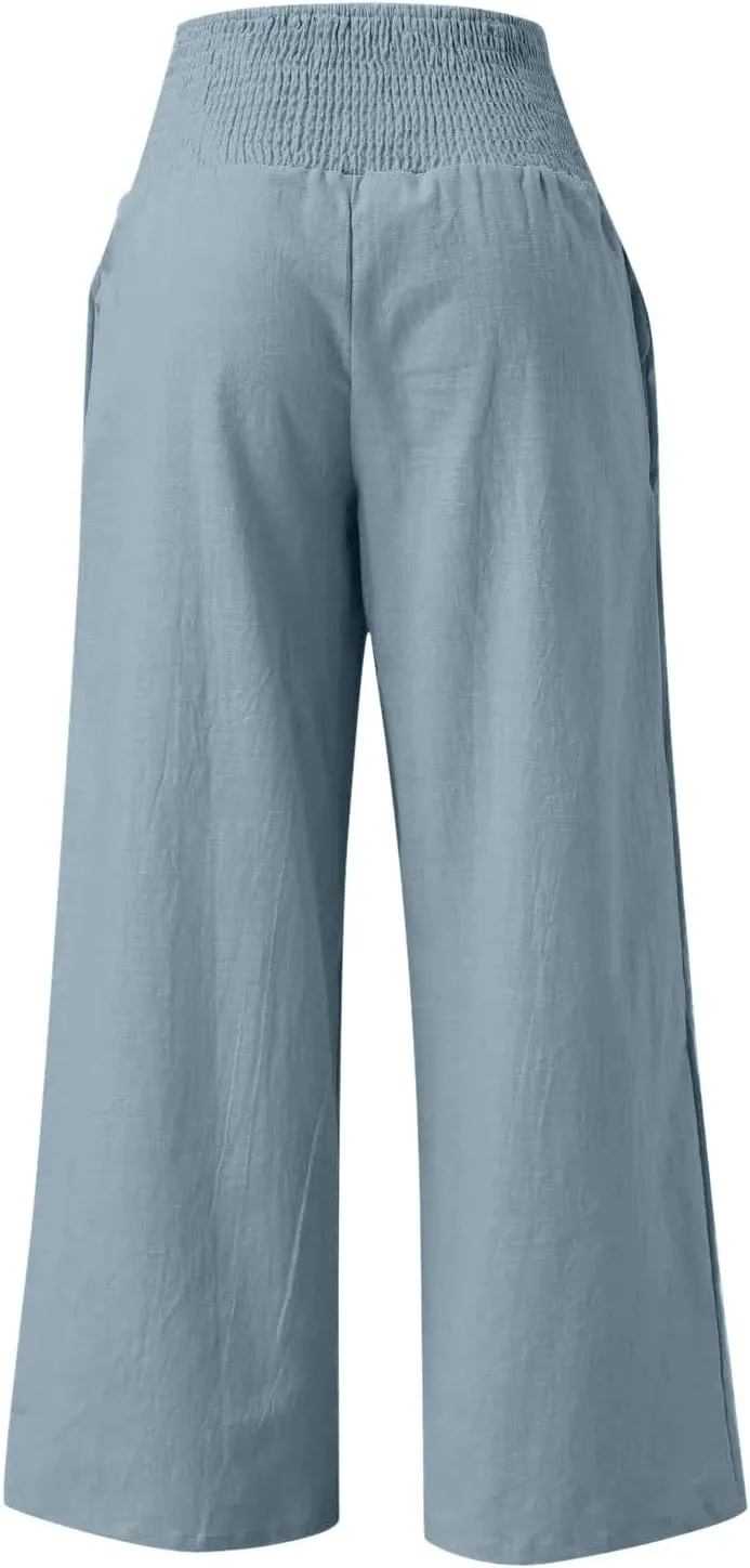 Women's Summer Casual High Waist Stretchy Wide-Leg Trousers with Pockets Cotton Linen Loose Fit Palazzo Pants