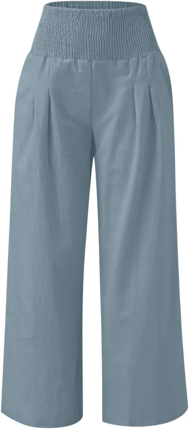 Women's Summer Casual High Waist Stretchy Wide-Leg Trousers with Pockets Cotton Linen Loose Fit Palazzo Pants