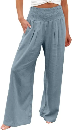 Women's Summer Casual High Waist Stretchy Wide-Leg Trousers with Pockets Cotton Linen Loose Fit Palazzo Pants