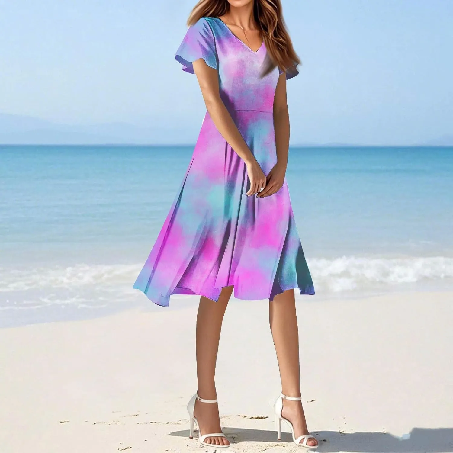 Women's Summer Dresses 2025 Short Sleeve Casual Midi Dresses V-Neck Floral Beach Vacation Party Dress