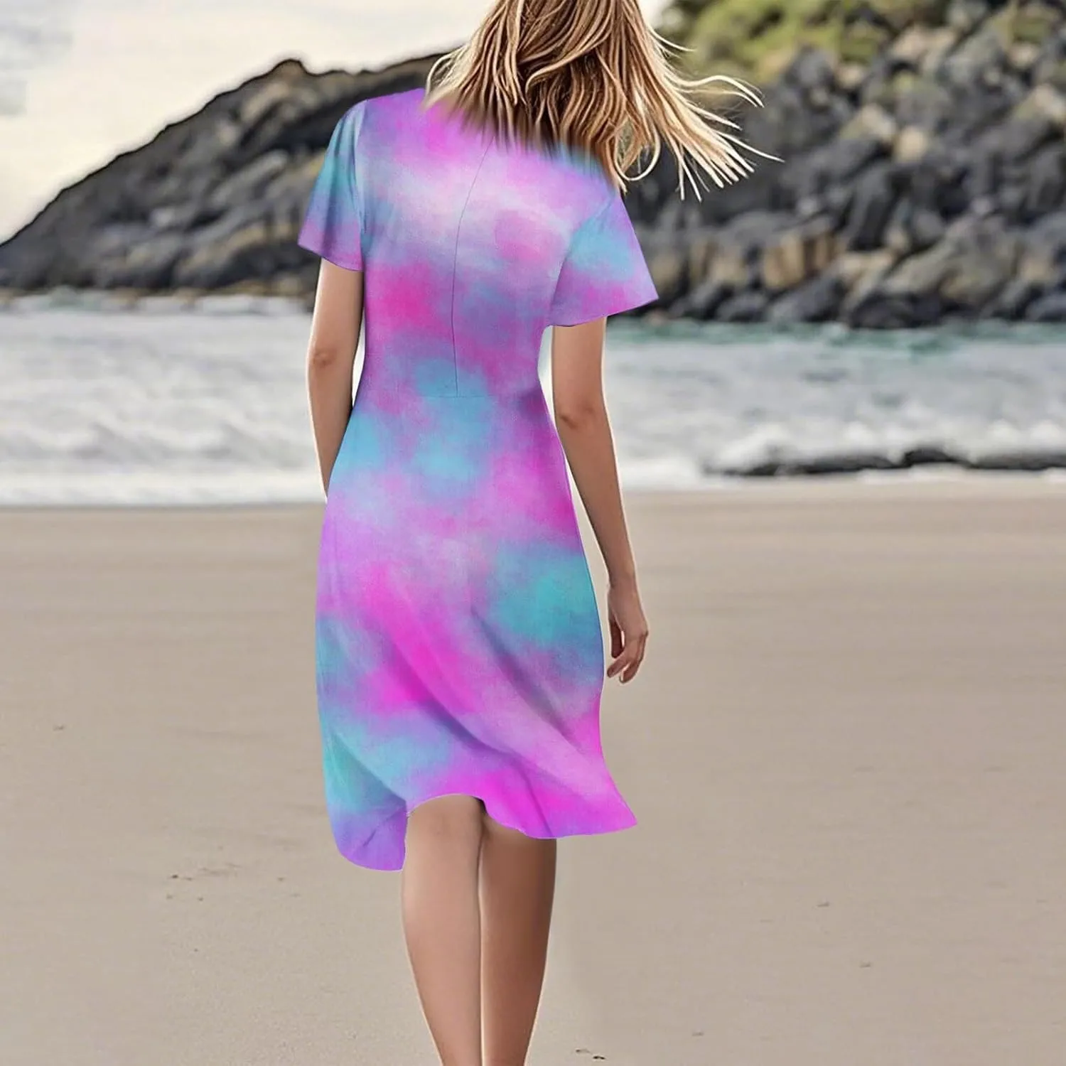 Women's Summer Dresses 2025 Short Sleeve Casual Midi Dresses V-Neck Floral Beach Vacation Party Dress