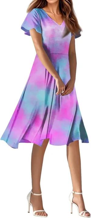Women's Summer Dresses 2025 Short Sleeve Casual Midi Dresses V-Neck Floral Beach Vacation Party Dress