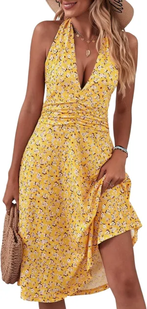 Women's Summer Sundress Sleeveless Halter Neck Spring 2025 Floral with Pocket Elastic Waist Ruffle Mini Dresses