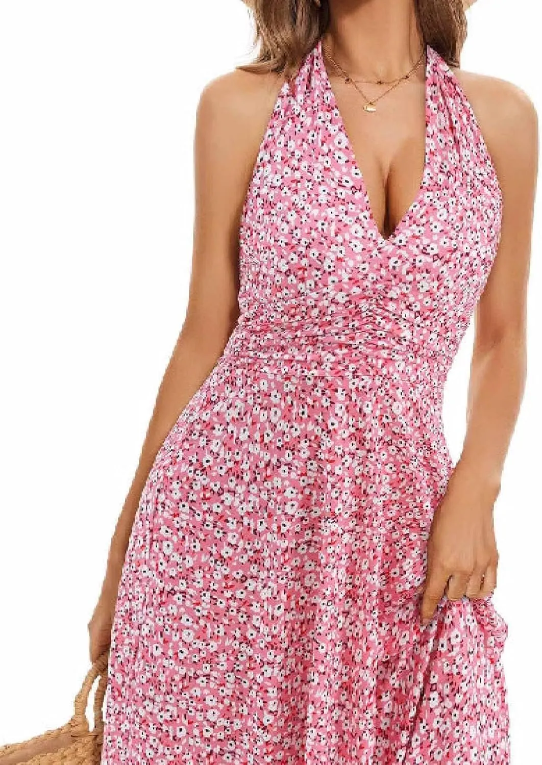 Women's Summer Sundress Sleeveless Halter Neck Spring 2025 Floral with Pocket Elastic Waist Ruffle Mini Dresses