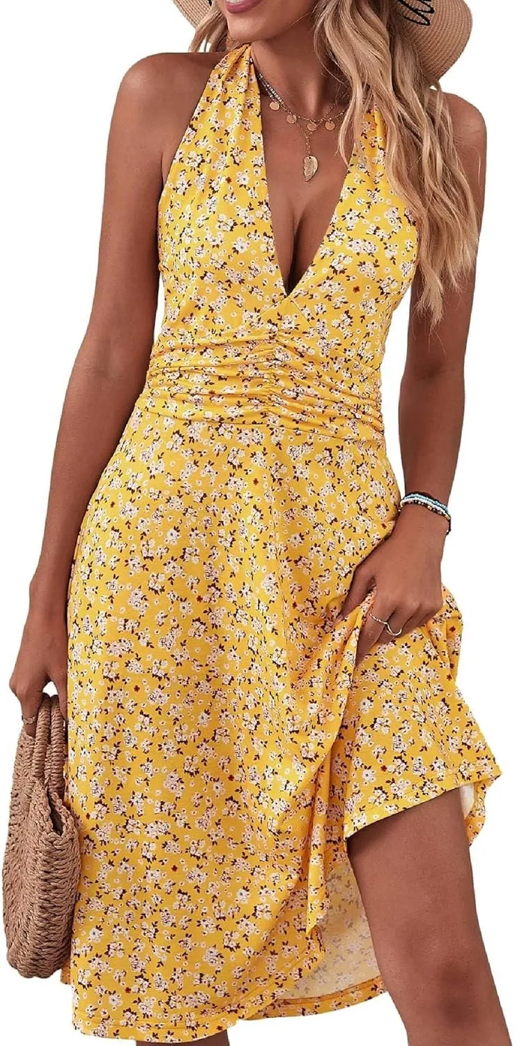 Women's Summer Sundress Sleeveless Halter Neck Spring 2025 Floral with Pocket Elastic Waist Ruffle Mini Dresses