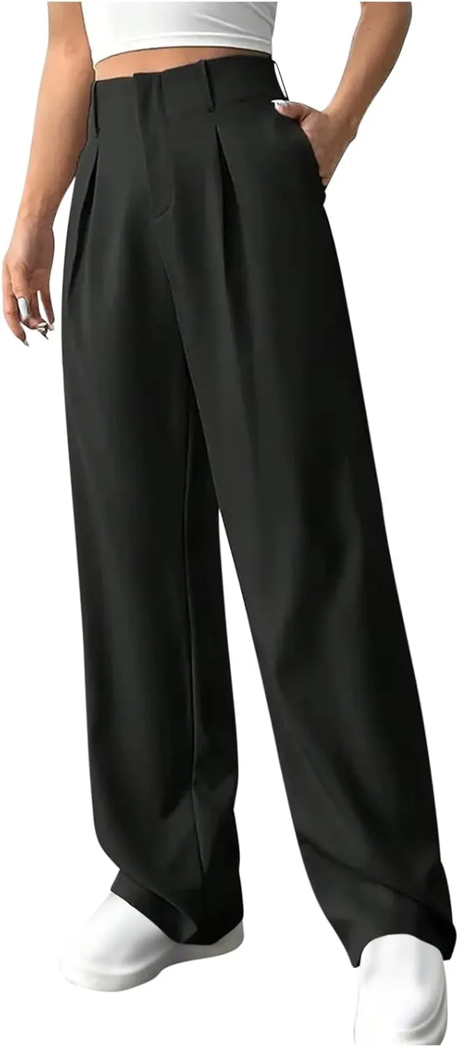 Women's Wide Leg Pants Dressy Flowy Summer Beach Palazzo Pants Elastic Waist Baggy Trousers for Business