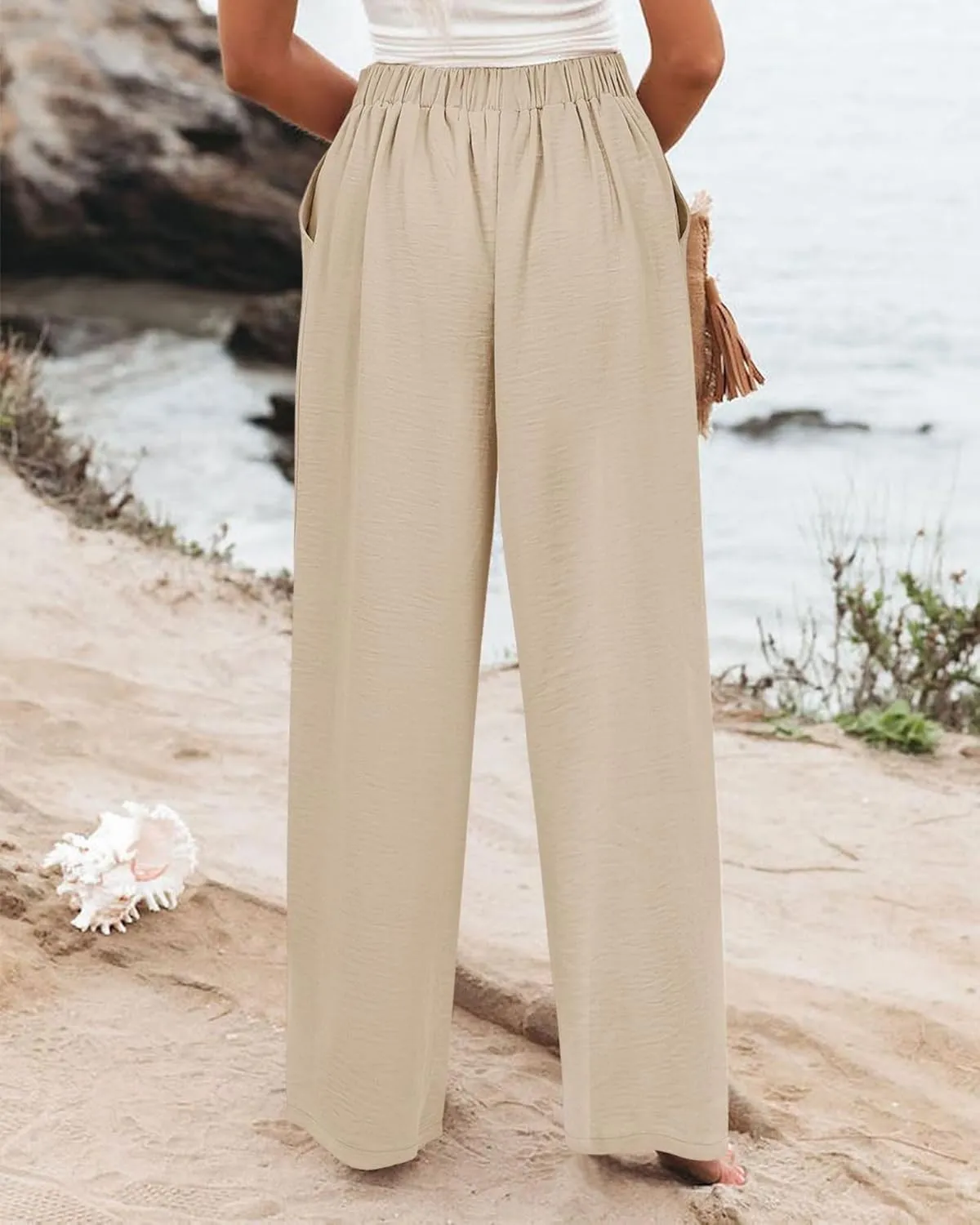 Women's Wide Leg Work Pants High Elastic Waist Casual Lounge Pant Linen Palazzo Trousers Trousers with Zipper Pockets