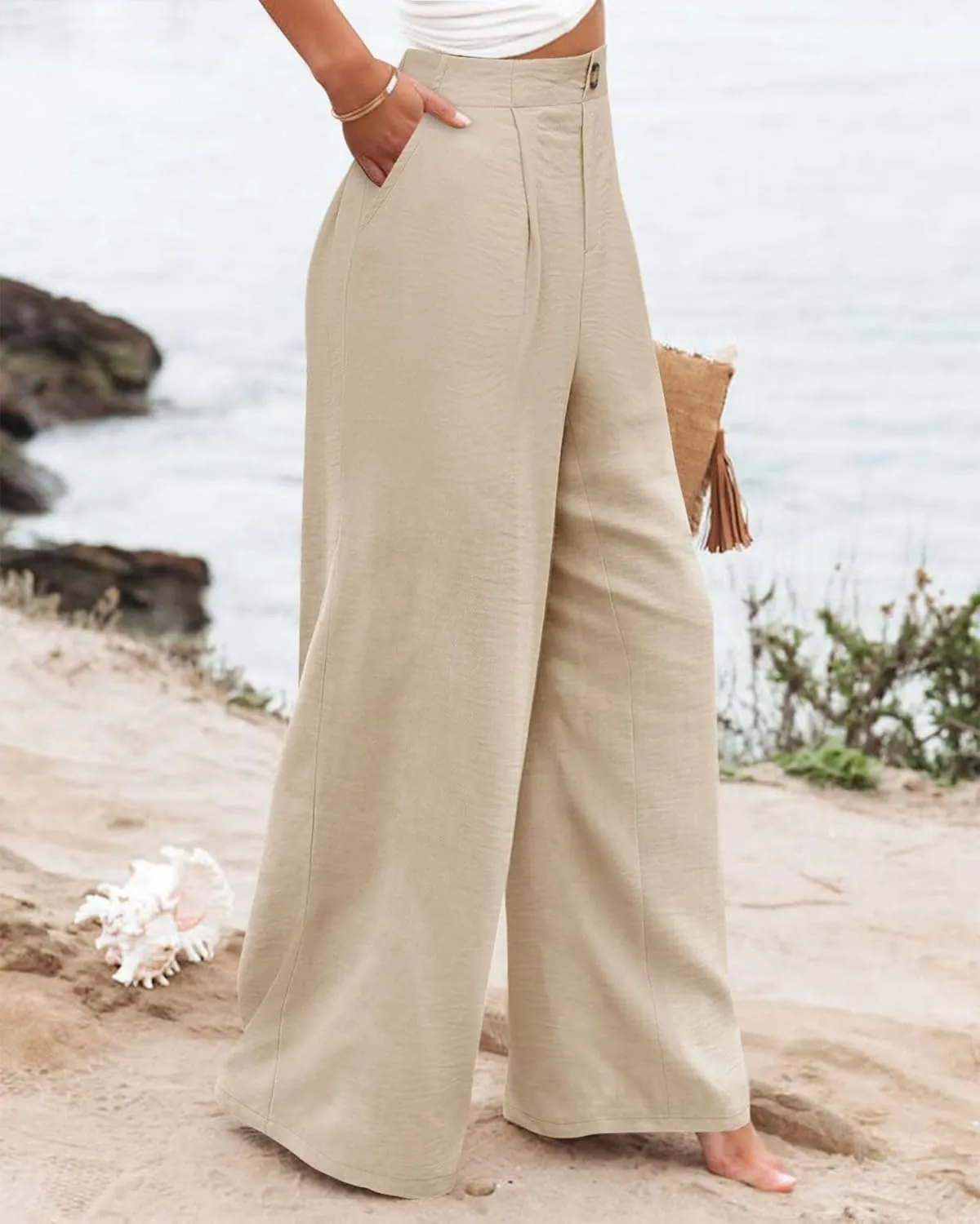 Women's Wide Leg Work Pants High Elastic Waist Casual Lounge Pant Linen Palazzo Trousers Trousers with Zipper Pockets