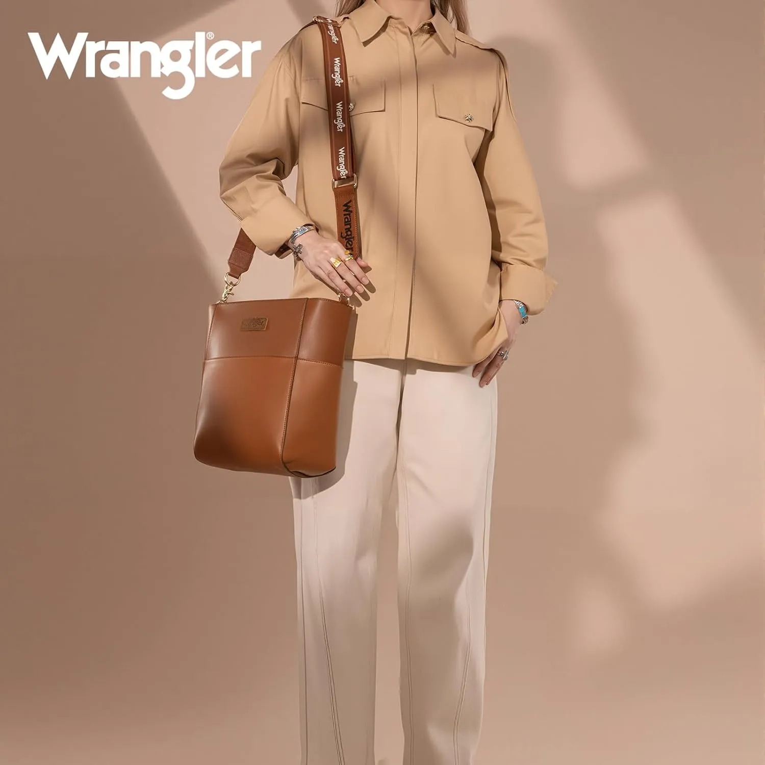 Wrangler MEDIUM Crossbody Bag for Women Vegan Leather Bucket Handbags with Guitar Strap
