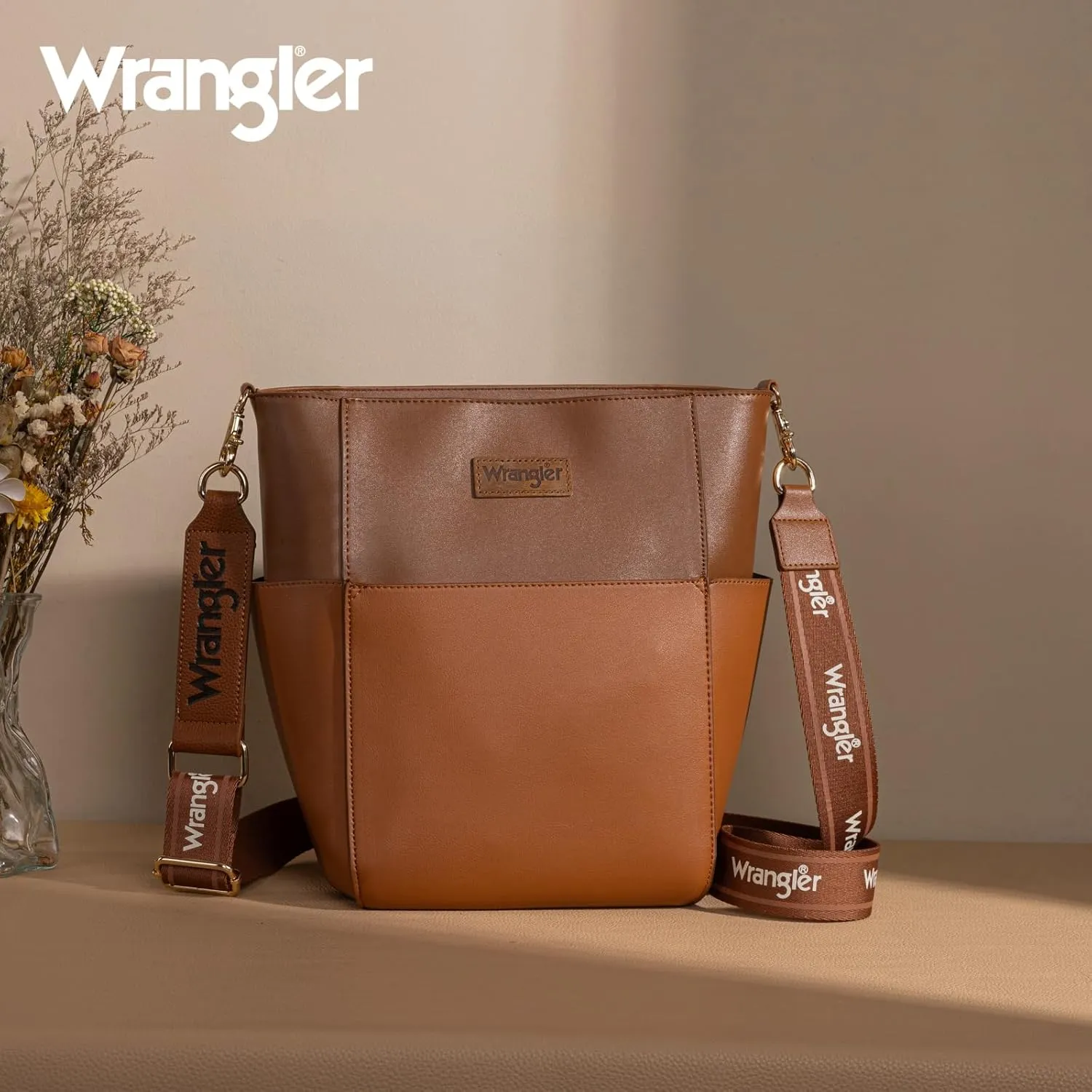Wrangler MEDIUM Crossbody Bag for Women Vegan Leather Bucket Handbags with Guitar Strap