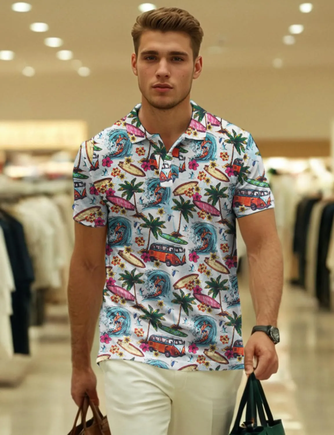 Yoimira Funny Golf Shirts for Men Short Sleeve, Hawaiian Men Polo Shirt Moisture Wicking Quick Dry Fit Print Casual