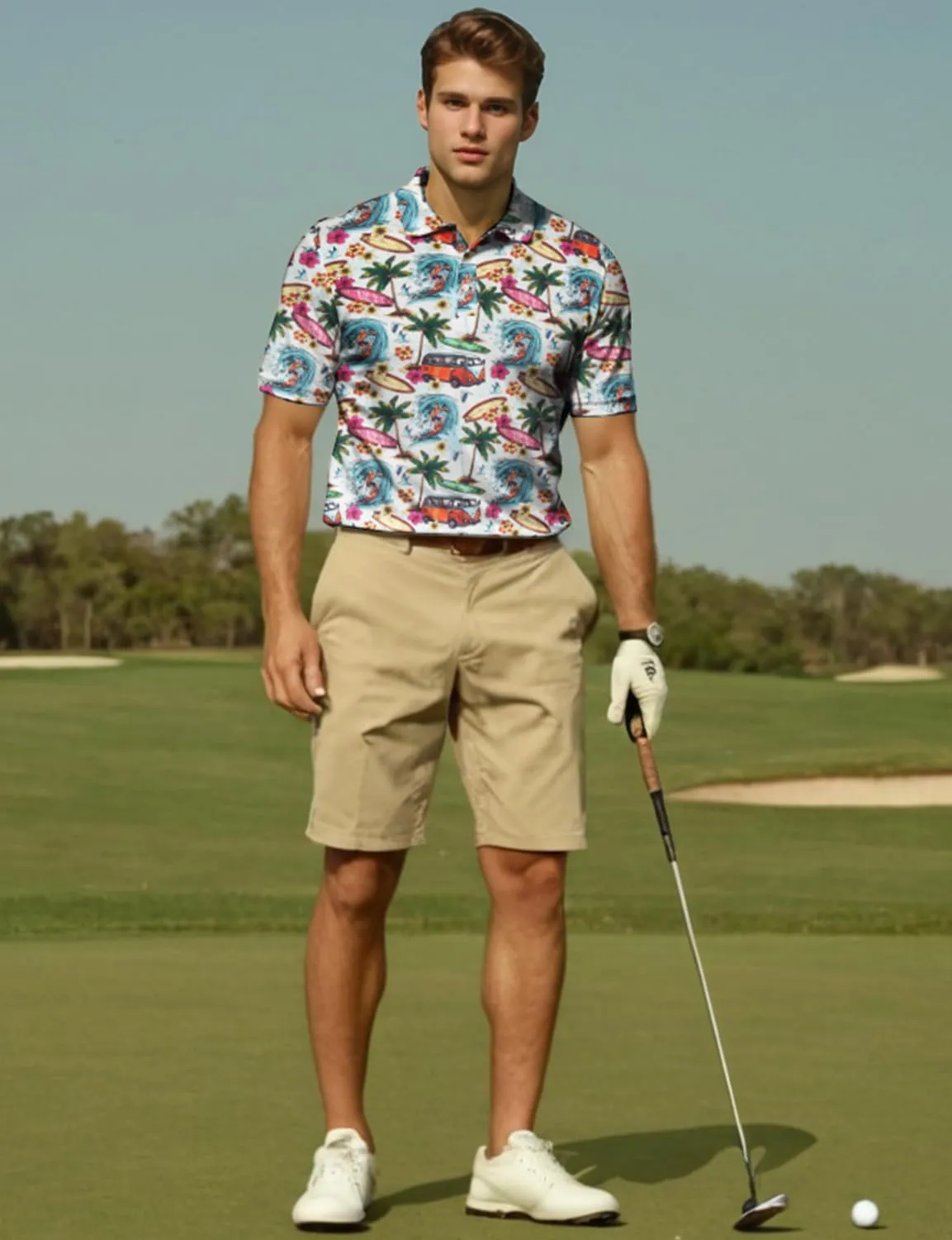 Yoimira Funny Golf Shirts for Men Short Sleeve, Hawaiian Men Polo Shirt Moisture Wicking Quick Dry Fit Print Casual