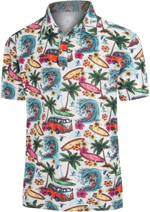 Yoimira Funny Golf Shirts for Men Short Sleeve, Hawaiian Men Polo Shirt Moisture Wicking Quick Dry Fit Print Casual